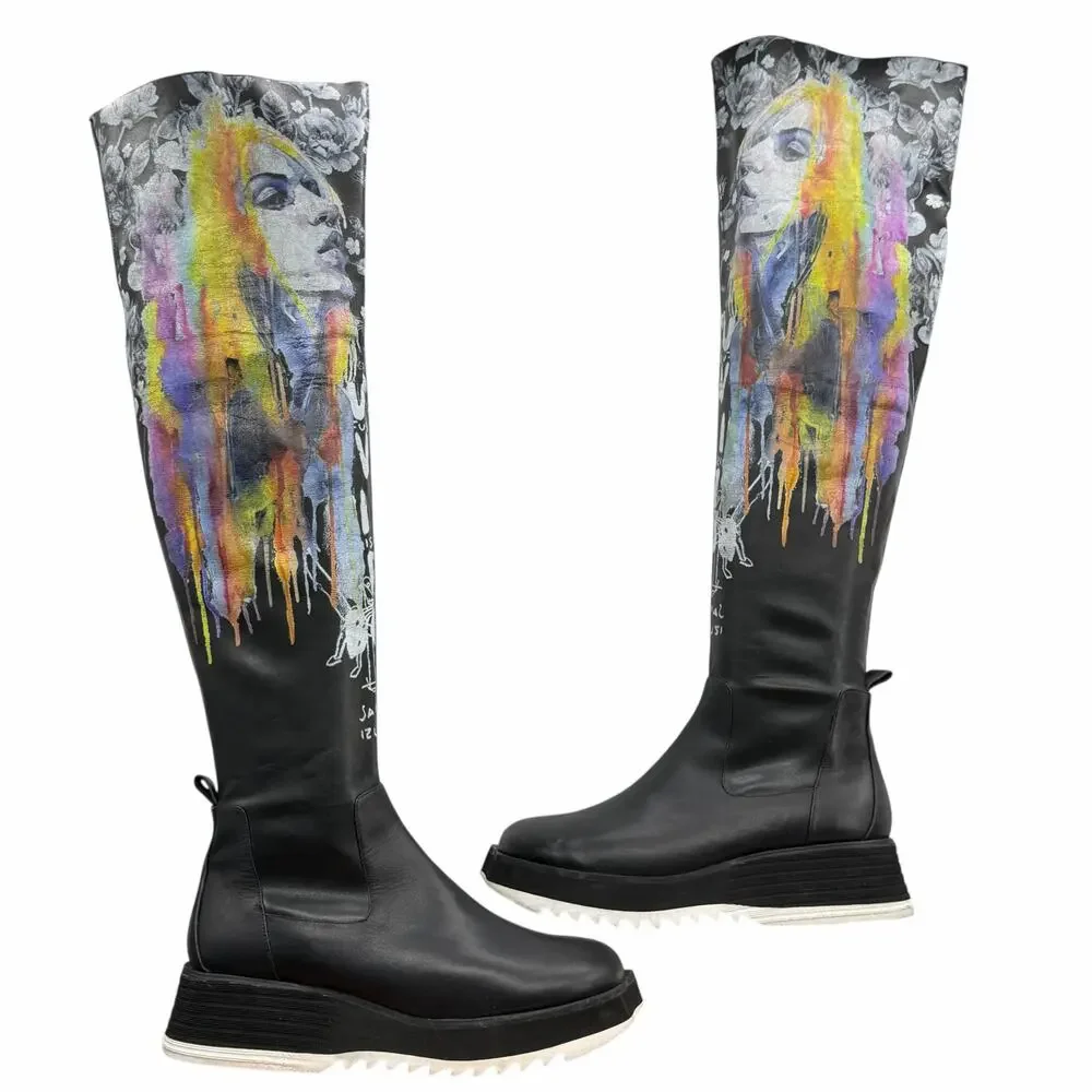 Roksolana Graphic Knee High Boots 40 Women Black Art to Wear Designer Punk Rock